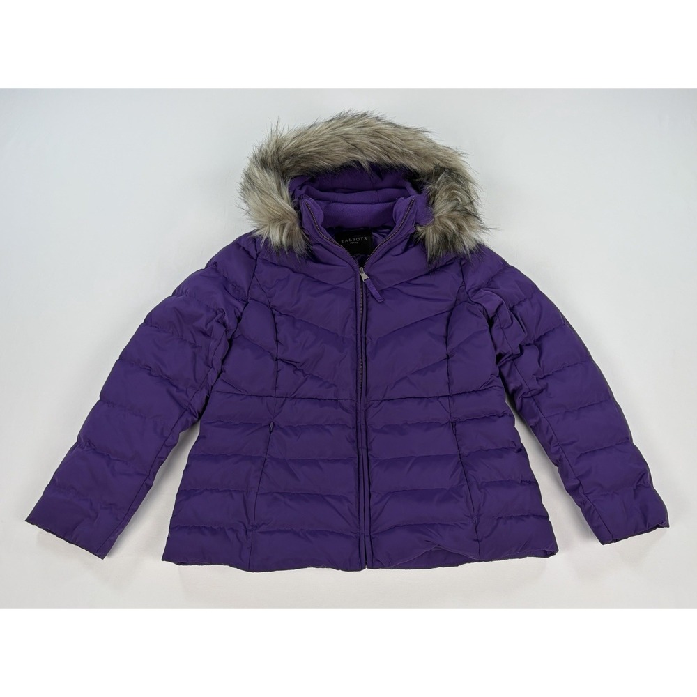 Talbots Down Puffer Jacket Womens Medium Petite Purple Faux Fur Hood Winter Coat